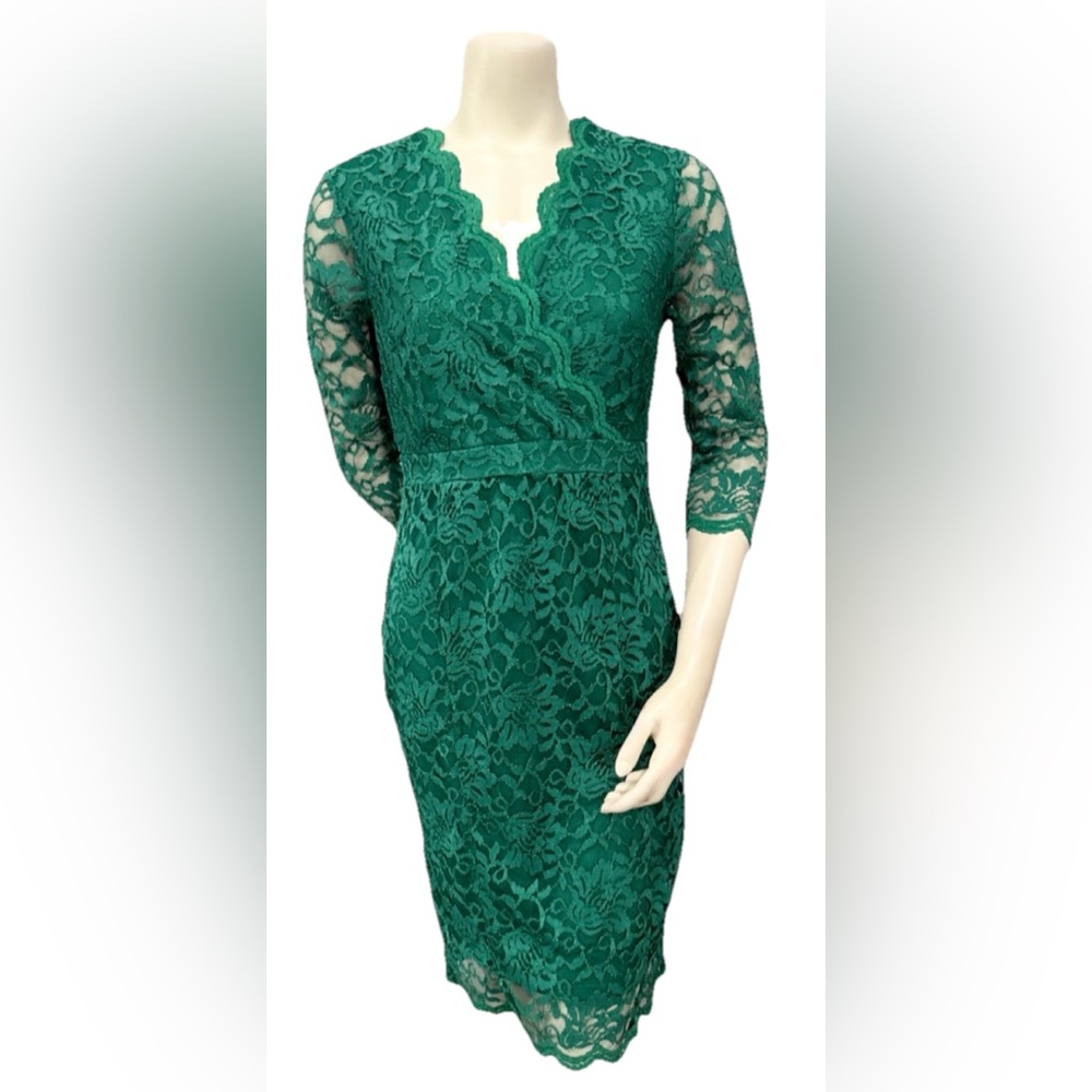 Thalia Sodi Green Lace Sheath Dress Small 3/4 Sleeve Scalloped V-Neck